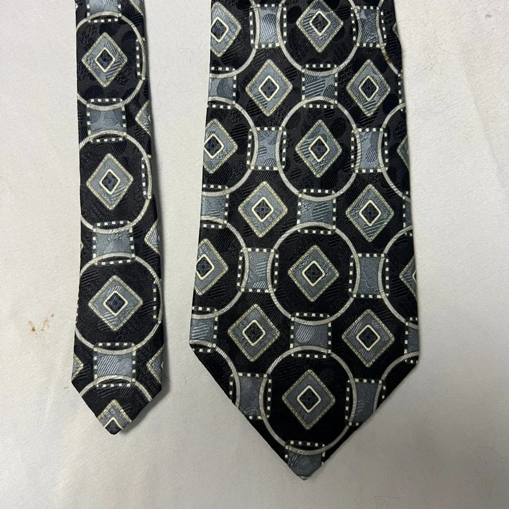 Bellagio Collezioni‎ Black Geometric Diamond Silk Necktie Italian Hand Crafted